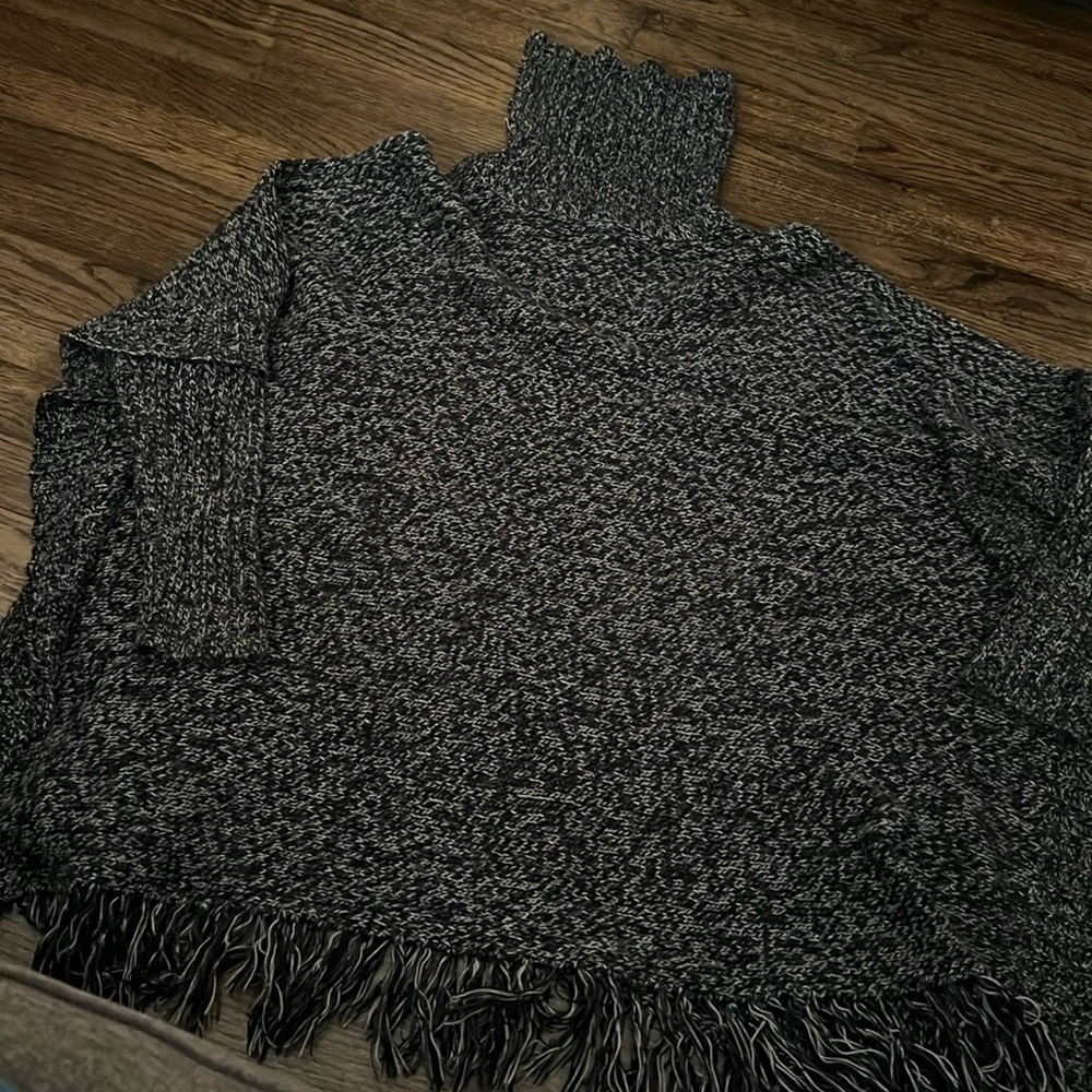 Black & Grey Fringed Bottom Turtle neck long sleeve  Poncho - Design Lab Size S